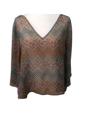 ZOA by Anthropologie Semi Sheer Bat Wing V Neck Multi Print Blouse Poncho Medium